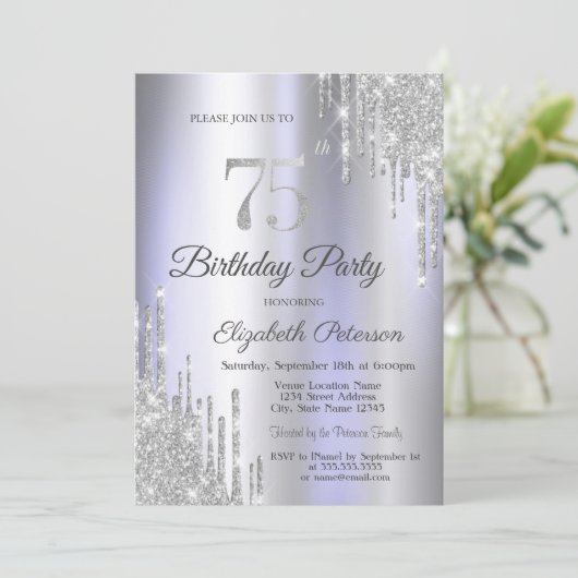 ラメグリッターが垂れる ライトパープル 75歳の誕生日 招待状 (スタンド正面)