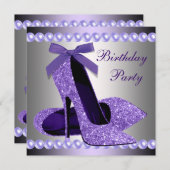 ラメパープルパールのハイヒール靴の誕生日 招待状 (正面/裏面)