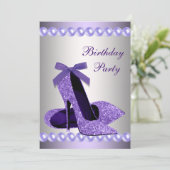 ラメパープルパールハイヒール靴の誕生日 招待状 (スタンド正面)
