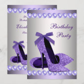 ラメパープルパールハイヒール靴の誕生日 招待状 (正面/裏面)