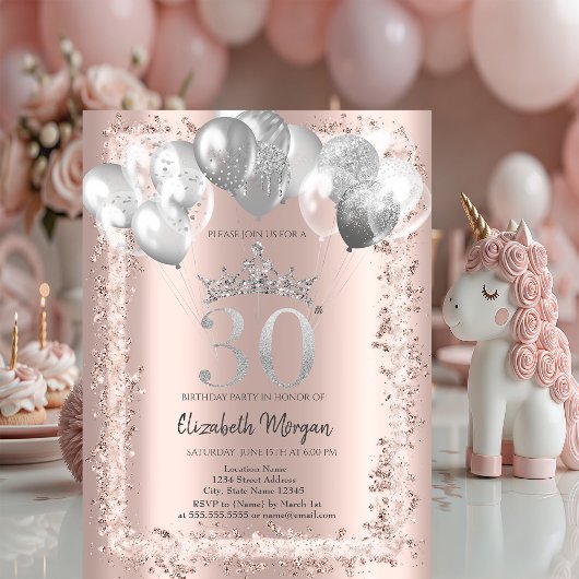 ラメフレーム,シルバー王冠,バルーン 30歳の誕生日 招待状