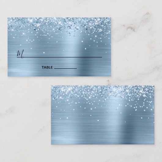 ラメ入りのライトブルーの箔押しブランク プレイスカード (正面/裏面)