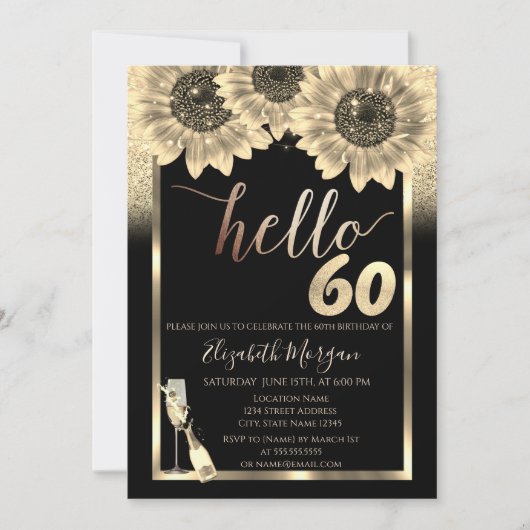 ラメ入りひまわりデザインのブラック60歳の誕生日パーティー 招待状 (正面)