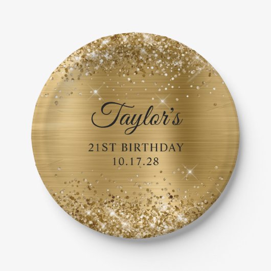 ラメ入りゴールド箔 21歳の誕生日 ペーパープレート (正面)