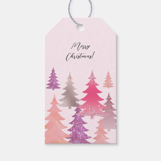 ラメ入りピンクのクリスマスツリーパターン ギフトタグ (正面)