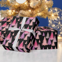 ラメ入りピンクブラッククリスマスツリーデザイン ラッピングペーパー