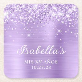 ラメ入りラベンダー箔押し Mis XV Años スクエアペーパーコースター