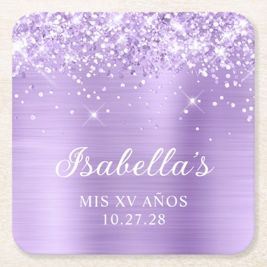 ラメ入りラベンダー箔押し Mis XV Años スクエアペーパーコースター (正面)