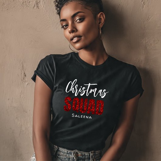 ラメ入りレッドのクリスマスチーム名 Tシャツ