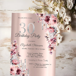 ラメ垂れ薔薇金ピンクフラワー30歳の誕生日 招待状