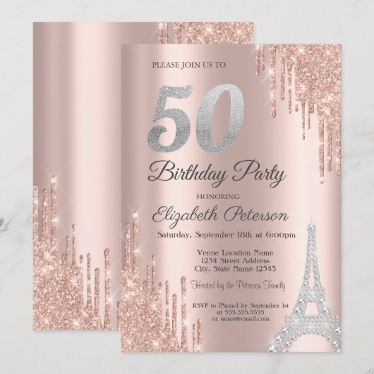 ラメ垂れ+ダイヤモンド+エッフェル塔 50歳の誕生日 招待状 (正面/裏面)