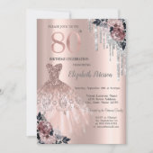 ラメ垂れ+ドレス+バラ 薔薇ゴールド 80歳の誕生日 招待状 (正面)