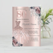 ラメ垂れ+ドレス+バラ 薔薇ゴールド 80歳の誕生日 招待状 (スタンド正面)