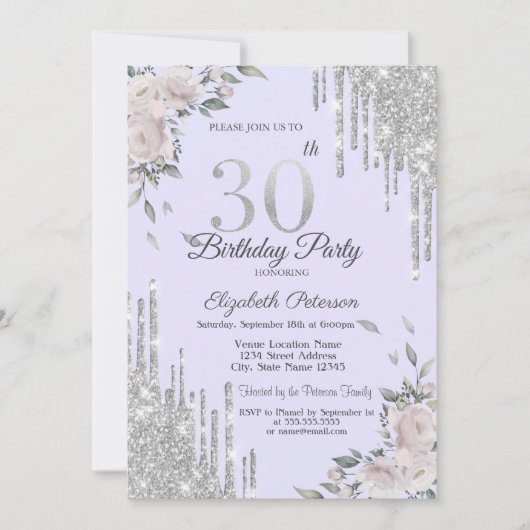 ラメ垂れ+花+パープル 30歳の誕生日 招待状 (正面)