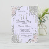 ラメ垂れ+花+パープル 30歳の誕生日 招待状 (スタンド正面)