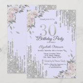 ラメ垂れ+花+パープル 30歳の誕生日 招待状 (正面/裏面)