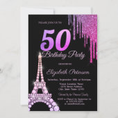 ラメ垂れ+Eiffel+Tower+ブラック+50歳の誕生日 招待状 (正面)