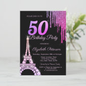 ラメ垂れ+Eiffel+Tower+ブラック+50歳の誕生日 招待状 (スタンド正面)