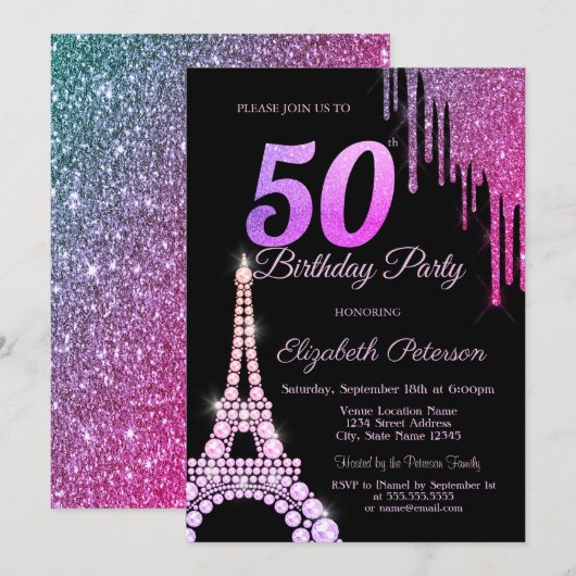ラメ垂れ+Eiffel+Tower+ブラック+50歳の誕生日 招待状 (正面/裏面)
