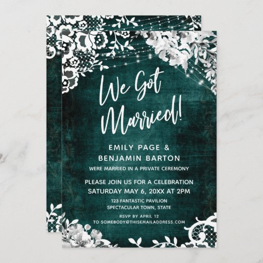 ラメ糸、ライト＆花飾り、ターコイズブルーの上に　私たち結婚しました！ 招待状 (正面/裏面)