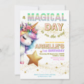 ラメ レインボー ユニコーン １歳 誕生日 招待状 (正面)