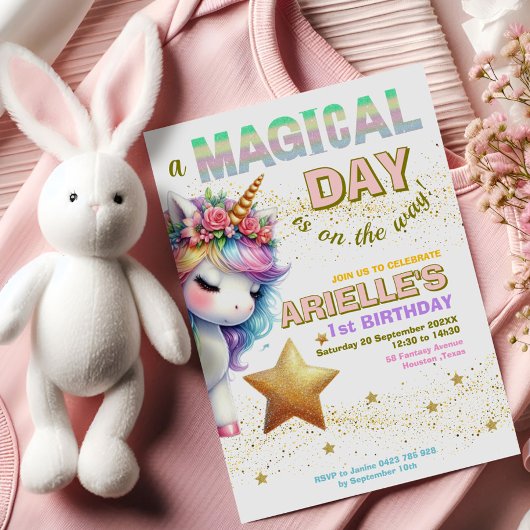 ラメ レインボー ユニコーン １歳 誕生日 招待状