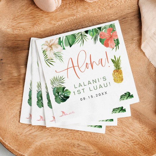 ララニトロピカルピンクハイビスカスルアウ(ハワイ式宴会)1st誕生日 スタンダードランチョンナプキン