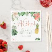 ララニトロピカルピンクハイビスカスルアウ(ハワイ式宴会)1st誕生日 スタンダードランチョンナプキン (インサイチュ)