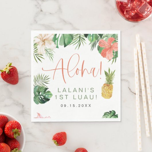 ララニトロピカルピンクハイビスカスルアウ（ハワイ式宴会）1st誕生日 スタンダードランチョンナプキン (インサイチュ)