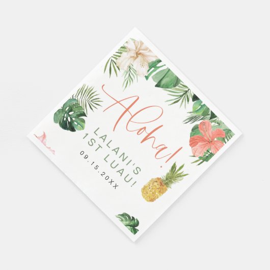 ララニトロピカルピンクハイビスカスルアウ（ハワイ式宴会）1st誕生日 スタンダードランチョンナプキン (角)