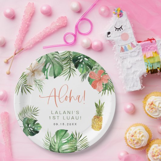 ララニトロピカルピンクハイビスカスルアウ（ハワイ式宴会）1st誕生日 ペーパープレート (パーティー)