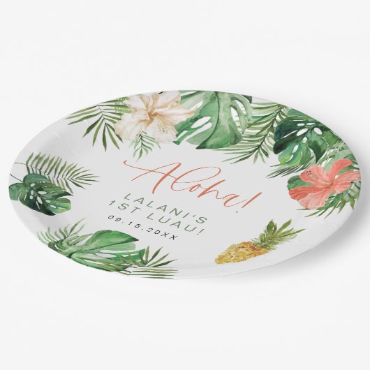 ララニトロピカルピンクハイビスカスルアウ（ハワイ式宴会）1st誕生日 ペーパープレート (アングル)