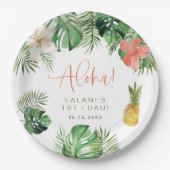 ララニトロピカルピンクハイビスカスルアウ（ハワイ式宴会）1st誕生日 ペーパープレート (正面)