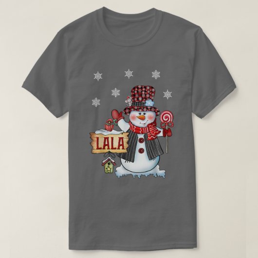 ララ雪だるまクリスマスキャンディーケーンレッドプレイドサンタ Tシャツ (デザイン正面)