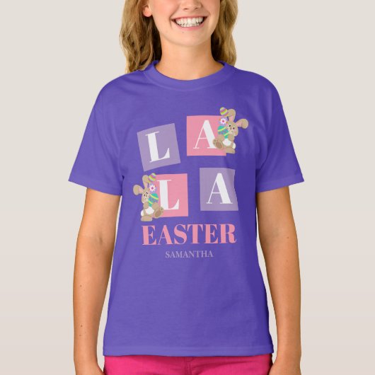 ララ・イースター かわいいうさぎ 紫色 女の子 Tシャツ (正面)