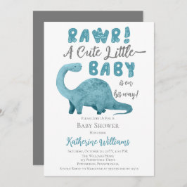 ラワーブルー恐竜QRコードベビーシャワー招待状 招待状