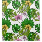 ランとパーム葉の、ピンク、黄色、緑とw シャワーカーテン (正面)