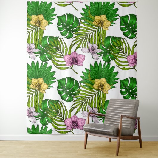 ランとパーム葉の、ピンク、黄色、緑とw タペストリー (インサイチュ)
