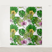 ランとパーム葉の、ピンク、黄色、緑とw タペストリー (正面)