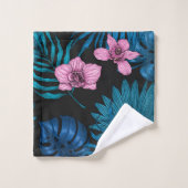 ランとパーム葉の、ブラックのピンクとブルー バスタオルセット (ウォッシュタオル)