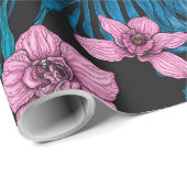 ランとパーム葉の、ブラックのピンクとブルー ラッピングペーパー (ロールコーナー)