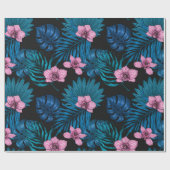ランとパーム葉の、ブラックのピンクとブルー ラッピングペーパー (フラット)
