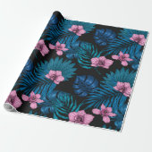 ランとパーム葉の、ブラックのピンクとブルー ラッピングペーパー (アンロールド)