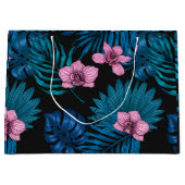 ランとパーム葉の、ブラックのピンクとブルー ラージペーパーバッグ (正面)