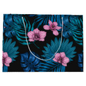 ランとパーム葉の、ブラックのピンクとブルー ラージペーパーバッグ (裏面)