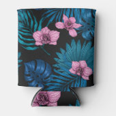 ランとパーム葉の、ブラックのピンクとブルー 缶クーラー (正面)