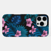 ランとパーム葉の、ブラックのピンクとブルー iPhoneケース (裏面横)