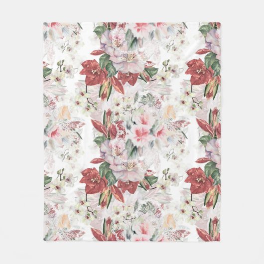 ランとユリの高級レースのイラストレーションフローラ フリースブランケット (正面)