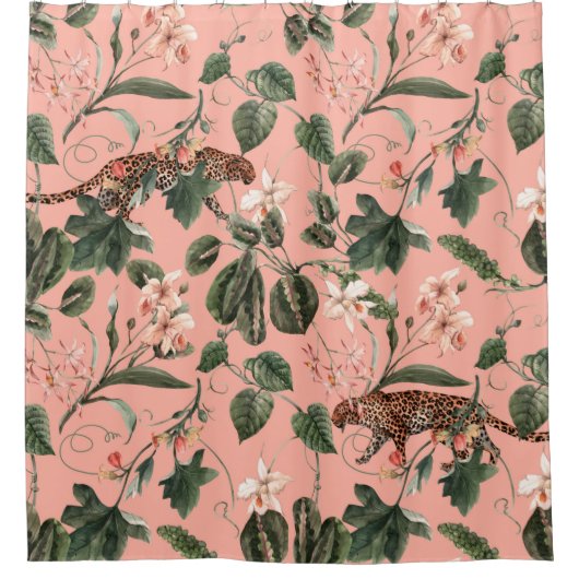 ランと水色の熱帯異国情緒パターン， gr シャワーカーテン (正面)