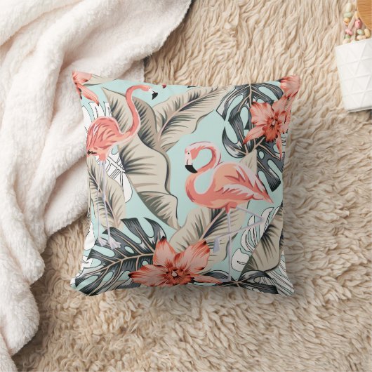 ランの花とリーアを持つ熱帯ピンクのフラミンゴ クッション (ブランケット)